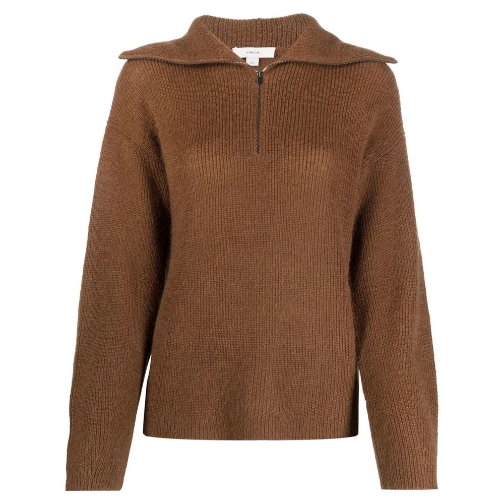 Luxury Vince Wool Mohair Blend Quarter Zip Pullover Sweater Large Brown | $475